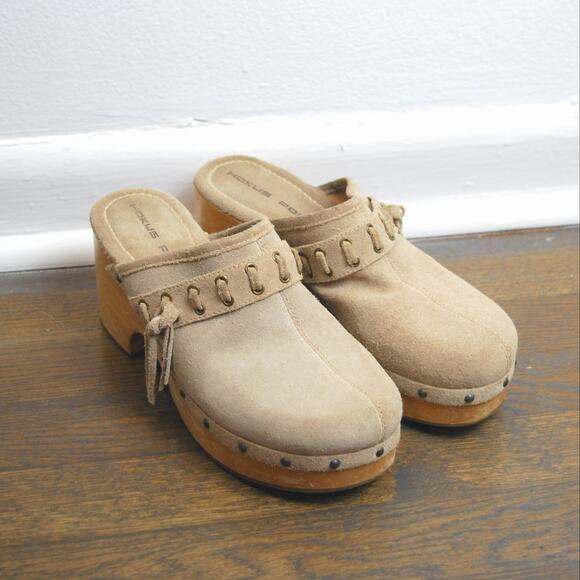 Vintage Hokus Pokus Wooden Suede Leather Platform Mules Clogs - Picture 1 of 9